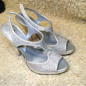 Fioni Night, Silver Glam Heels, "7", New, Glamorous, Glitz, NYE Chic, Glittery